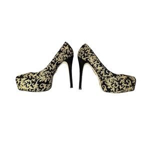 Womens Stiletto Pumps Heels Size 9 Bebe Tessa Baroque Black and Gold Sparkly